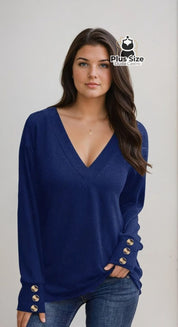 Blusa Manga Longa Detalhe do Botão e Gola V Plus Size G / Azul Blusa Manga Longa Detalhe do Botão e Gola V Plus Size