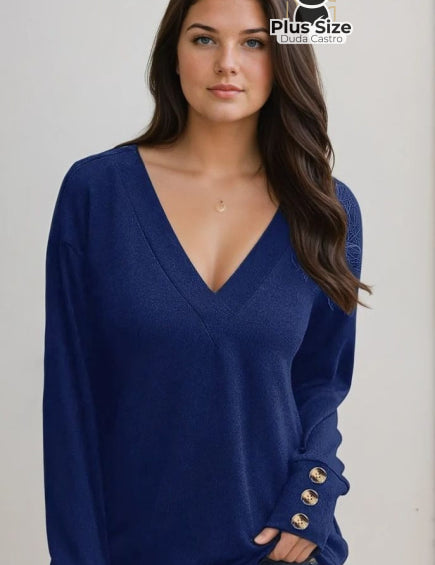  Azul Blusa Manga Longa Detalhe do Botão e Gola V Plus Size