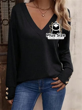 Blusa Manga Longa Detalhe Do Botão E Gola V Plus Size G / Preto