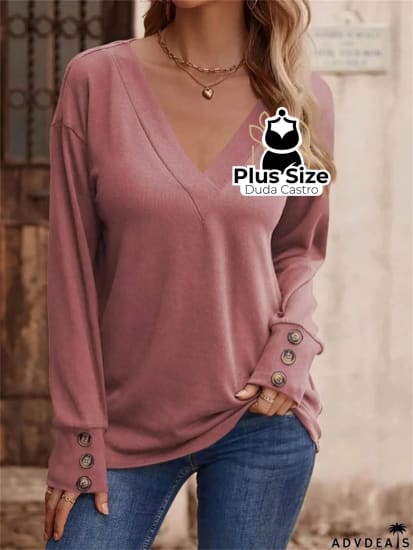 Blusa Manga Longa Detalhe Do Botão E Gola V Várias Cores Plus Size G / Rosa Empoeirado