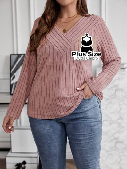 Blusa Manga Longa Slim Fit Decote V Plus Size Sueter