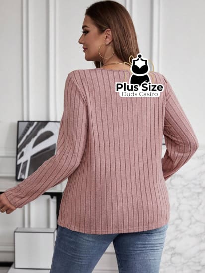 Blusa Manga Longa Slim Fit Decote V Plus Size Sueter