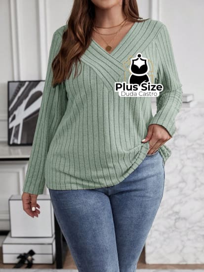 Blusa Manga Longa Slim Fit Decote V Plus Size Sueter