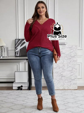 Blusa Manga Longa Slim Fit Decote V Plus Size Sueter