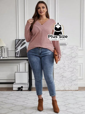 Blusa Manga Longa Slim Fit Decote V Plus Size Sueter