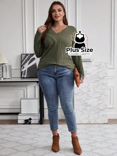 Blusa Manga Longa Slim Fit Decote V Plus Size Sueter