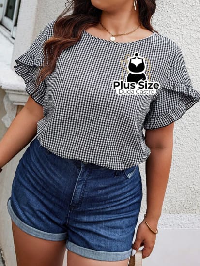 Blusa Manga Pétala Várias Cores Plus Size Estampada G / Preto Xadrez