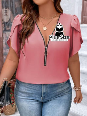 Blusa Meio Zíper Manga Pétala Plus Size