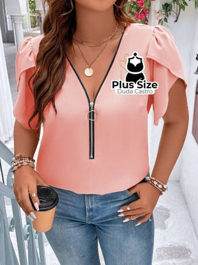 Blusa Meio Zíper Manga Pétala Plus Size G / Rosa Bebê