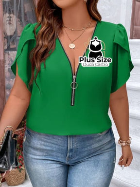 Blusa Meio Zíper Manga Pétala Plus Size