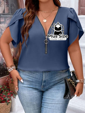 Blusa Meio Zíper Manga Pétala Plus Size G / Azul