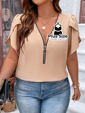 Blusa Meio Zíper Manga Pétala Plus Size