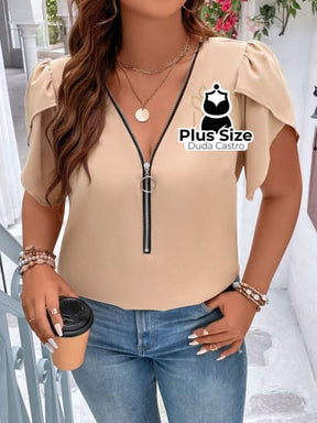 Blusa Meio Zíper Manga Pétala Plus Size G / Damasco