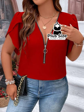 Blusa Meio Zíper Manga Pétala Plus Size