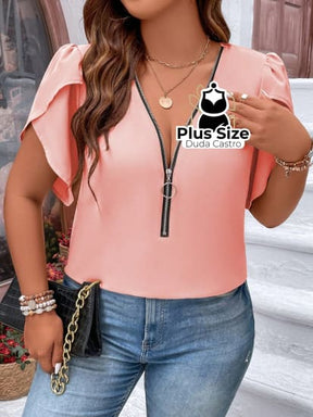 Blusa Meio Zíper Manga Pétala Plus Size