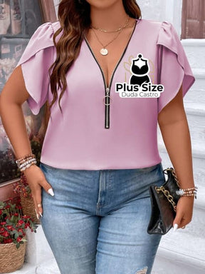 Blusa Meio Zíper Manga Pétala Plus Size