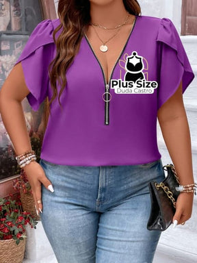 Blusa Meio Zíper Manga Pétala Plus Size G / Roxo