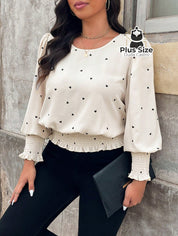 Blusa Plus Size Cintura Marcada com Mini Corações – Manga Bufante e Punho Lastex Blusa Plus Size Cintura Marcada com