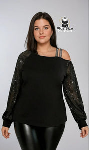 Blusa Plus Size com Mangas em Tule e Decote Assimétrico G