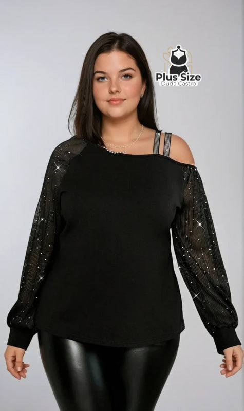 Blusa Plus Size com Mangas em Tule e Decote Assimétrico G