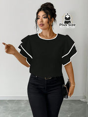 Blusa Plus Size Elegância Estruturada – Babado Duplo com Acabamento Contrastante Preto / G Blusa Plus Size Elegância