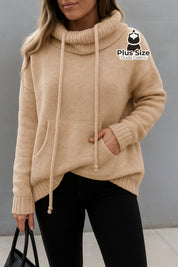 Blusa Plus Size em Lã Penteada com Gola Alta Ajustável e Bolso Canguru G / Capuccino Blusa Plus Size em Lã Penteada com