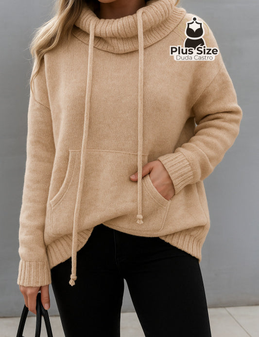  Capuccino Blusa Plus Size em Lã Penteada com