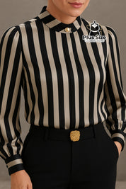 Blusa Plus Size Essência Chic – Gola Alta com Pregas Frontais e Manga Levemente Bufante Blusa Plus Size Essência Chic –