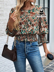 Blusa Plus Size Jardim Boho – Estampa Exclusiva com Cintura Marcada e Manga 3/4 Blusa Plus Size Jardim Boho – Estampa
