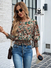 Blusa Plus Size Jardim Boho – Estampa Exclusiva com Cintura Marcada e Manga 3/4 Blusa Plus Size Jardim Boho – Estampa