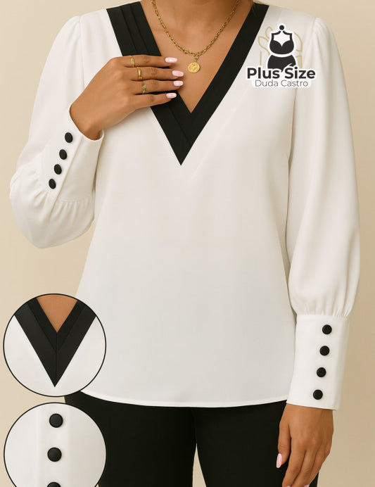 Blusa Plus Size Parisienne – Gola V Estruturada com Recorte Preto e Botões nos Punhos Blusa Plus Size Parisienne – Gola