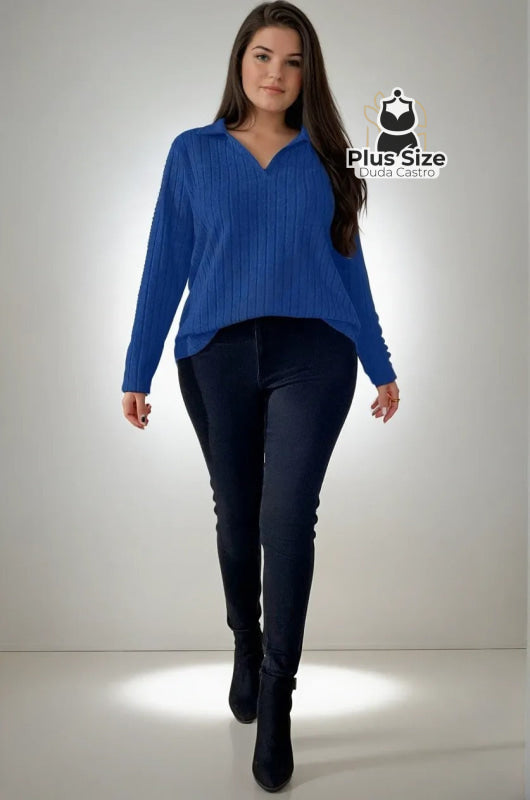Blusa Plus Size Tricot Canelado com Gola Elegante Plus Size Blusa Plus Size Tricot Canelado com Gola Elegante Plus Size