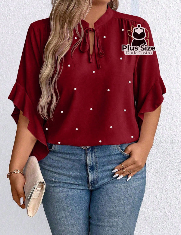 Blusa Social Com Detalhe Em Pérolas Plus Size