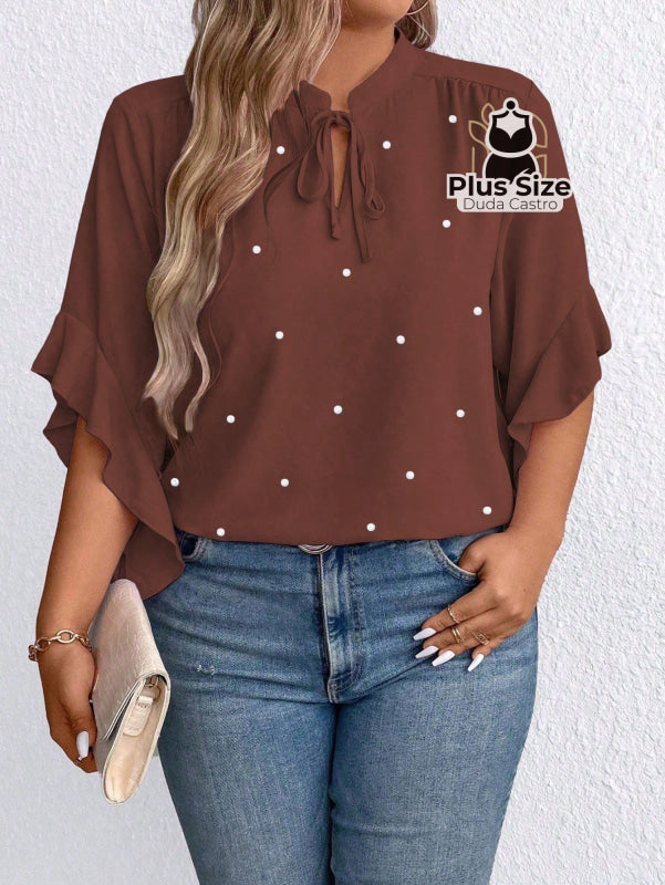 Blusa Social Com Detalhe Em Pérolas Várias Cores Plus Size G / Café