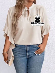 Blusa Social Com Detalhe Em Pérolas Plus Size G / Damasco