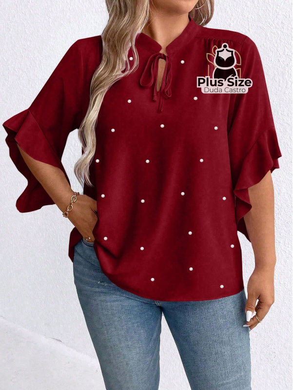 Blusa Social Com Detalhe Em Pérolas Plus Size G / Vinho