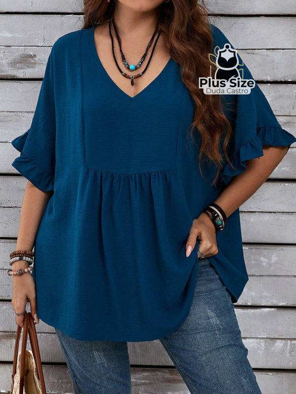 Blusas Com Detalhes Franzidos Estilo Bata G1 / Azul