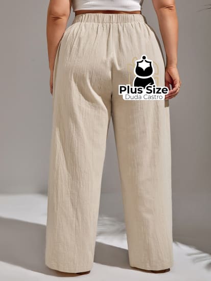 Calça Algodão Lisa De Botão Perna Reta Plus Size