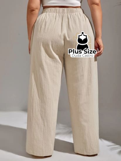 Plussize Calça Algodão Lisa De Botão Perna Reta