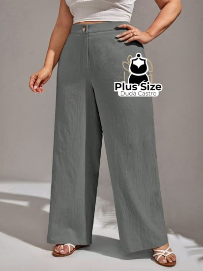 Calça Algodão Lisa De Botão Perna Reta Plus Size