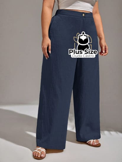 Calça Algodão Lisa De Botão Perna Reta Plus Size