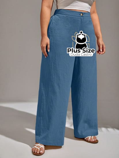 Calça Algodão Lisa De Botão Perna Reta Plus Size G / Azul Empoeirado