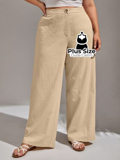 Calça Algodão Lisa De Botão Perna Reta Plus Size G / Caramelo