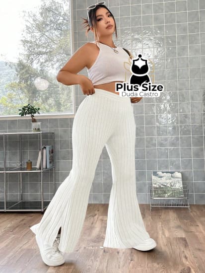 Calça Boca De Sino Com Fenda Plus Size Várias Cores Calça