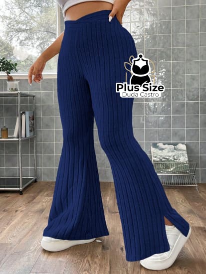 Calça Boca De Sino Com Fenda Plus Size Várias Cores G / Azul Royal Calça