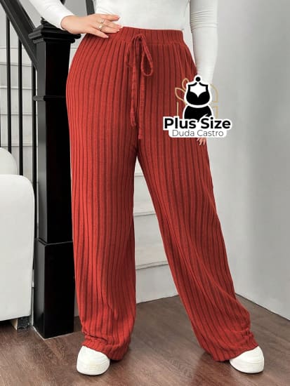 Calça Cintura Alta Canelada Com Cordão Plus Size G / Marsala Calça