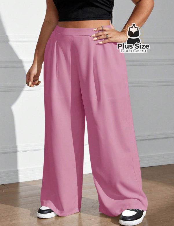 Calça Cintura Alta e Pernas Largas Lisa Várias Cores Plus Size Calça Cintura Alta e Pernas Largas Lisa Várias Cores
