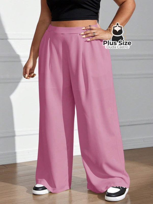 Calça Cintura Alta e Pernas Largas Lisa Várias Cores Plus Size Calça Cintura Alta e Pernas Largas Lisa Várias Cores
