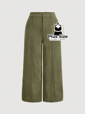 Calça Cintura Alta Em Veludo Coutelê Várias Cores Plus Size G / Verde Militar Calça