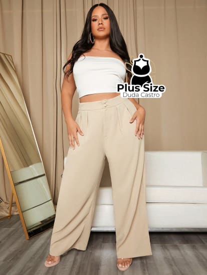 Calça Cintura Alta Pernas Largas Coz Com Botão Sem Passa Cinto Várias Cores Plus Size Calça